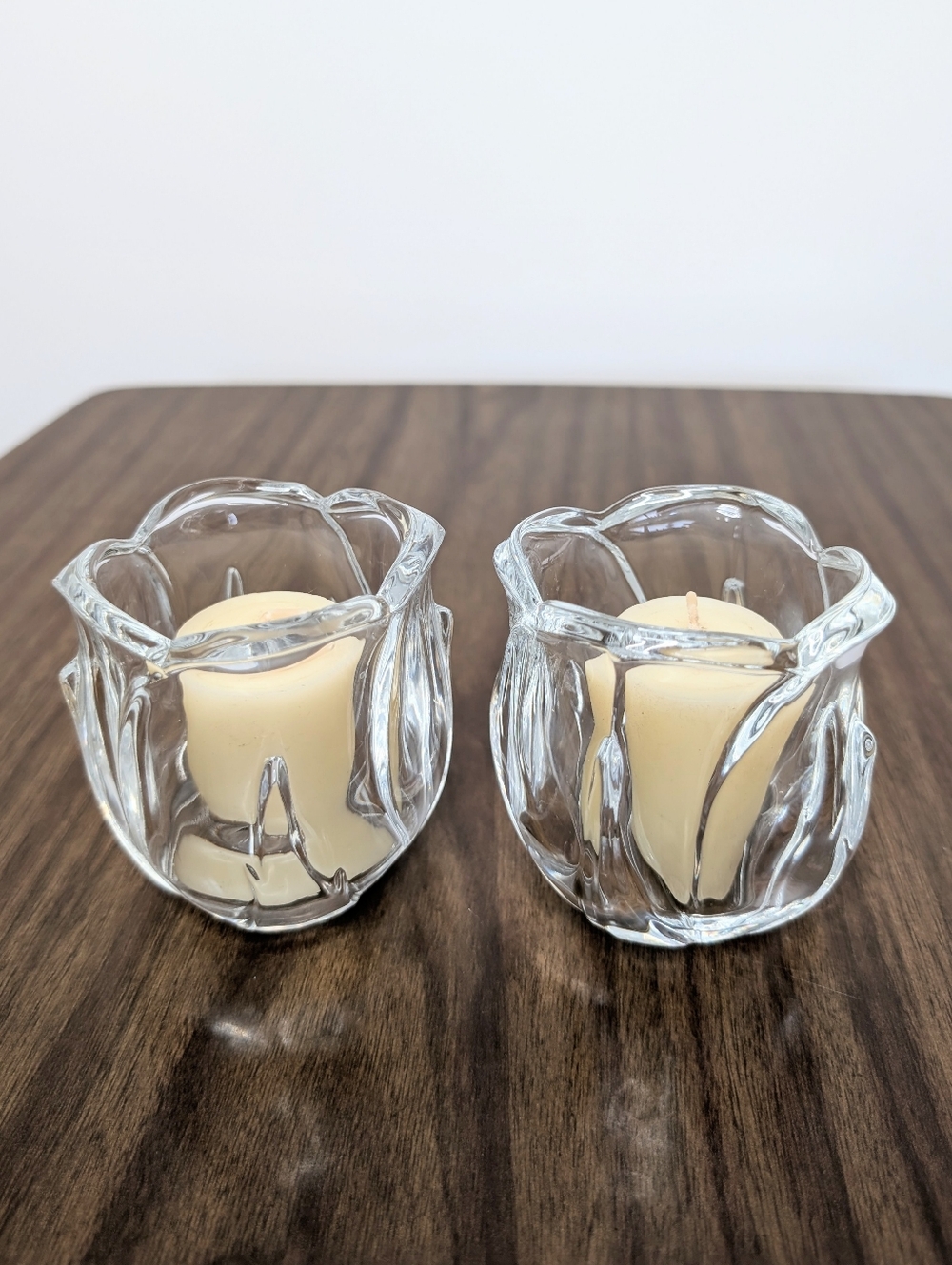 Pair Of DePlomb Clear Crystal Glass Roses Tulips Flower Candle Holder Votives